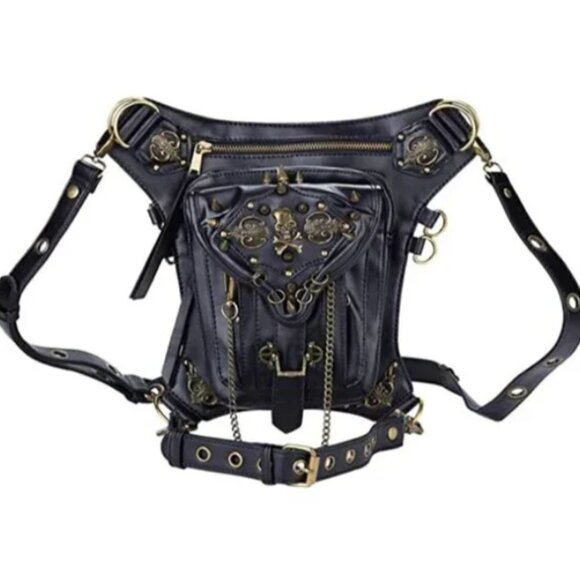 𝅺BLACK Leather Skull Waist Bag Fanny Pack Gothic Shoulder Bag Biker Rocker NWT - Picture 5 of 7